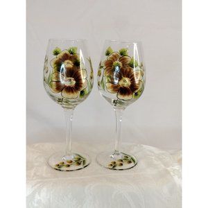 Beautifully Hand Painted Wine Glasses 2 PC. Iredecent Brown Flowers Gold Tone...